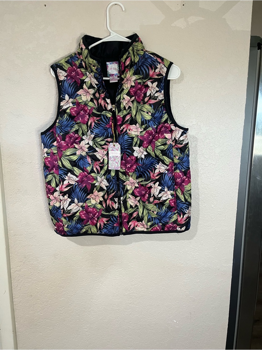 Stella Parker Floral Quilted Vest in Navy with Pink & Green Floral Print